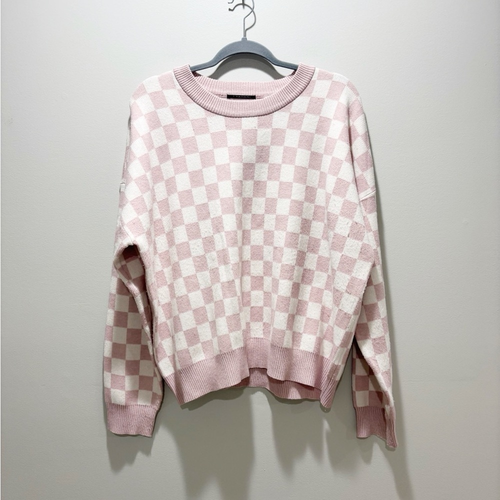 T TAHARI Women’s Pink White Checkered Crewneck Soft Comfy Sweater Size XL